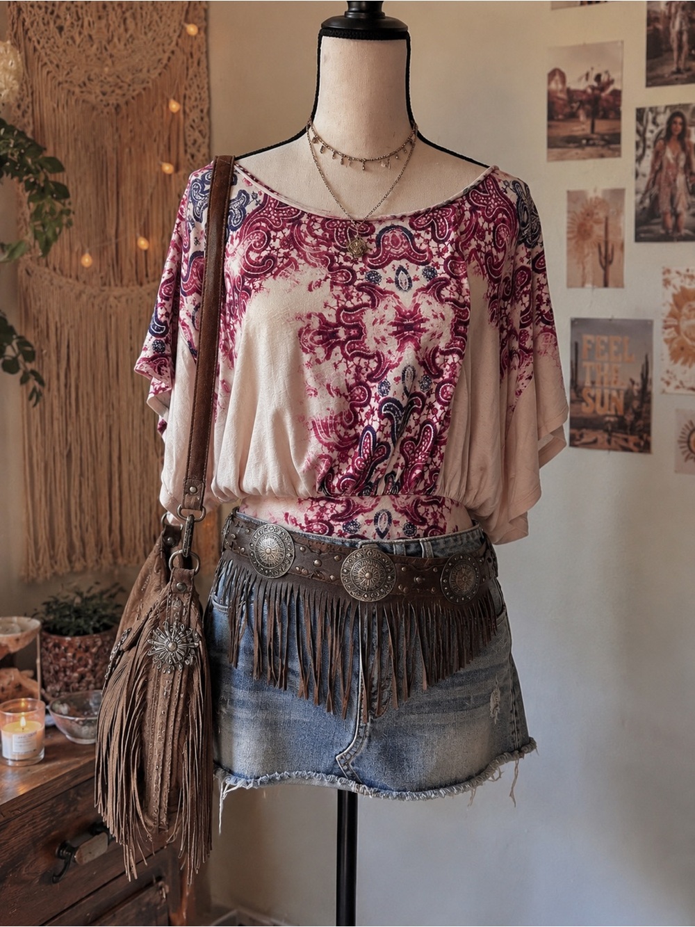 Free People Boho Cream Tunic Magenta Paisley Print M Fairycore Country Top